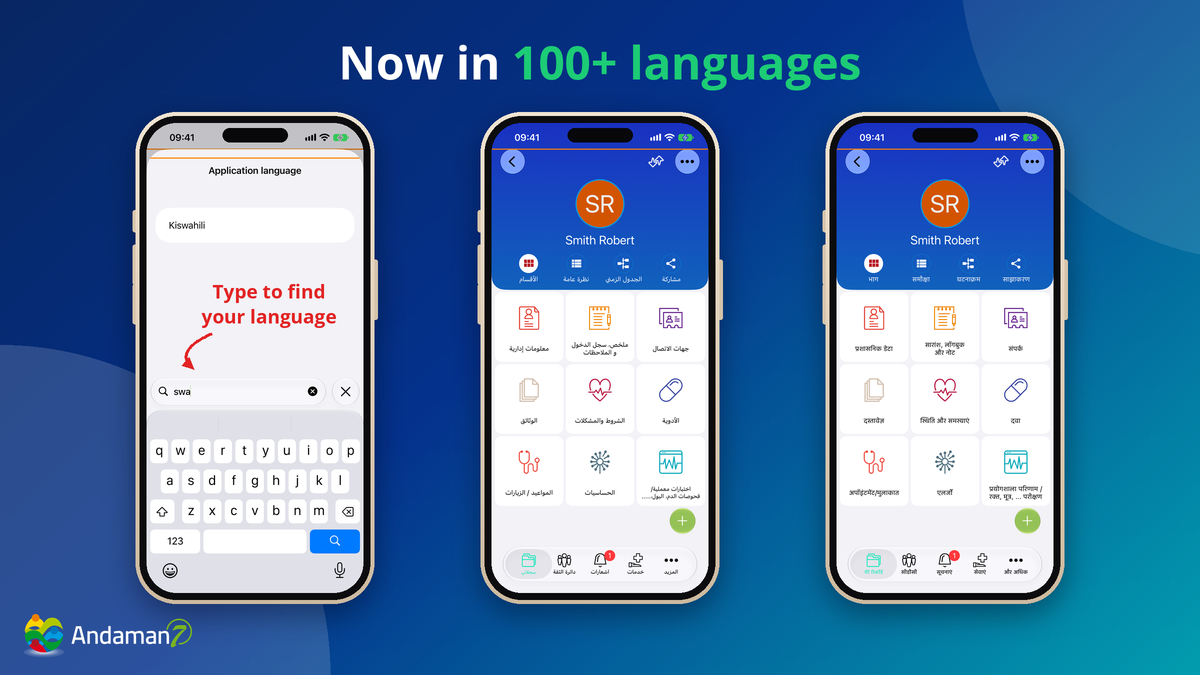 Andaman7 in more than 100 languages — searchable language list on iPhone mockups